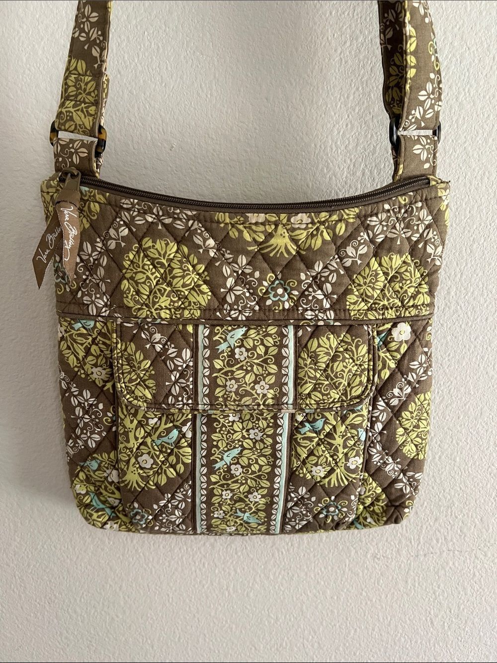 Vera Bradley 2 Pc Crossbody Bag Wallet Purse Set Brown Green Floral Birds retire